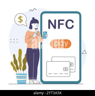 La donna paga tramite NFC. Pagamento wireless su Internet. Trasferimenti e transazioni senza contanti. Commercio elettronico e marketing. Illustrazione vettoriale lineare i. Illustrazione Vettoriale