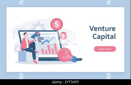 Landing page del capitale di rischio. Uomo con altoparlante vicino al computer con grafici e diagrammi. Alfabetizzazione finanziaria e reddito passivo. Vettore piatto Illustrazione Vettoriale