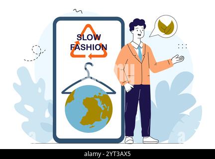Uomo con la moda lenta. Attivista ecologico e volontario. Zero sprechi e stile di vita sostenibile. Riciclaggio e riutilizzo. Illustrazione vettoriale lineare Illustrazione Vettoriale