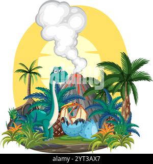 Dinosauri vicino a un vulcano e alle palme Illustrazione Vettoriale