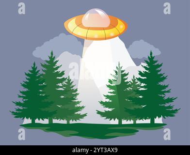 UFO nella foresta. Piattino volante sugli alberi di Natale. Gli alieni rapiscono le persone. Ufologia e astronomia. Spazio e cosmo. Oggetto volante non identificato. Piatto Illustrazione Vettoriale