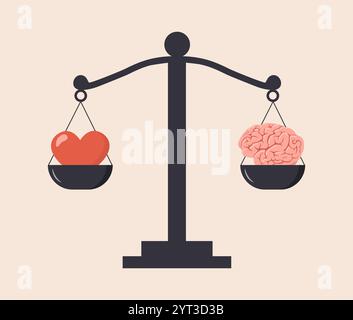 Equilibrio tra cuore e cervello. Scelta razionale ragionevole ed emotiva. Cervello e cuore sull'alveare. Design piatto. Illustrazione vettoriale in stile cartone animato Illustrazione Vettoriale