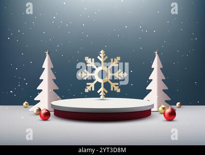 Scena natalizia natalizia con podio 3D a due livelli con fiocchi di neve dorati, ornamenti rossi e dorati, su uno sfondo blu innevato. Di vacanza Illustrazione Vettoriale