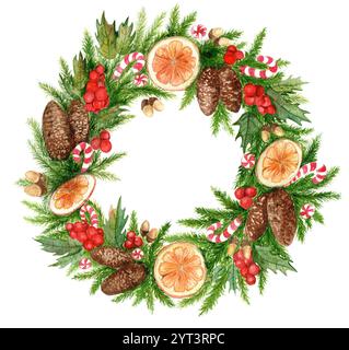 Illustrazione ad acquerello della corona di Natale, su sfondo bianco. Natale e Capodanno 2025. Trafilato a mano, adatto per tessuti, imballaggi e rottami di carta Foto Stock