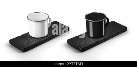 Modello di tazze in smalto bianco nero al centro di un asse di legno bruciato, tazze di ferro con bordo cromato, manico, isolato sullo sfondo. Mockup di metallo m Foto Stock