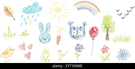 Set di disegni a mano con gesso o pastello per scarabocchi per bambini. Illustrazione Vettoriale