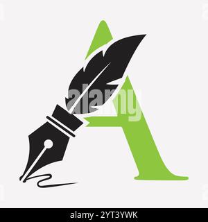Logo iniziale di piuma sulla lettera A Concept con simbolo di inchiostro per lo studio legale e il cartello del Procuratore Illustrazione Vettoriale