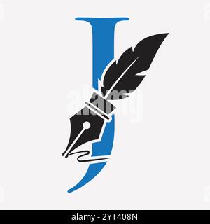 Logo iniziale di piuma sulla lettera J Concept con simbolo di inchiostro per lo studio legale e il cartello del Procuratore Illustrazione Vettoriale