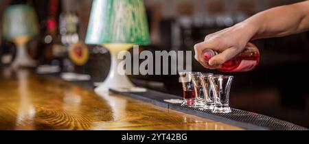 Il barista versa whiskey al cliente del bar. Il concetto di servizio. Barman che versa una forte bevanda alcolica in piccoli bicchieri al bar Foto Stock