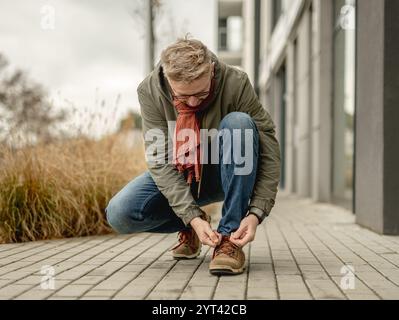 Giovane uomo attraente su Una strada che lega lacci scarpe Foto Stock