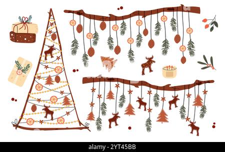 Decorazioni natalizie ecologiche. Disegno invernale disegnato a mano di alberi organici, confezioni regalo artigianali, sospensione naturale con abete, biscotti, arance. Illustrazione Vettoriale