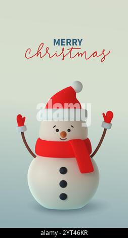 Allegro pupazzo di neve in 3D con cappello e sciarpa di Babbo Natale rosso, che ondeggia con gioia. Impostare su sfondo pastello illustrazione vettoriale. Testo di buon Natale scritto a mano Illustrazione Vettoriale