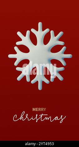 Illustrazione minimalista in 3d di un fiocco di neve bianco su uno sfondo rosso brillante con il testo buon Natale in elegante tipografia, perfetta per le feste Illustrazione Vettoriale