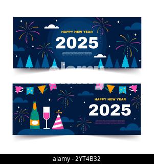 Coloratissimi disegni di striscioni per Capodanno 2025 con illustrazioni vettoriali fuochi d'artificio. Illustrazione Vettoriale