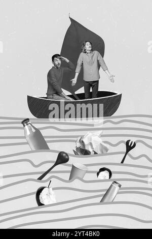 Immagine collage verticale di due tipi impressionati di effetto bianco nero senza clubeless che disegnano galleggianti cinghiali spazzatura spazzatura acqua isolata su sfondo dipinto Foto Stock