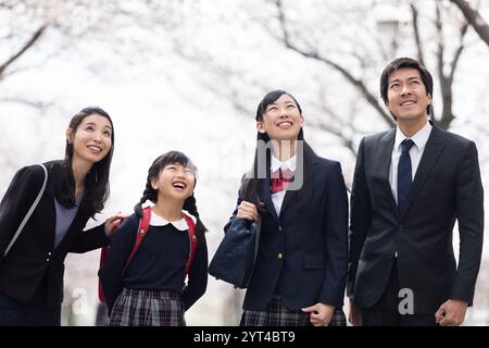 La famiglia passeggia sotto file di ciliegi Foto Stock