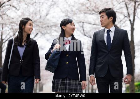 La famiglia passeggia sotto file di ciliegi Foto Stock