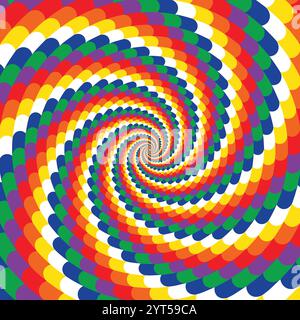 Sfondo a spirale allegro e ipnotico, illusione ottica di movimento, grafica vettoriale in stile art, grafica astratta colorata, ps multicolore Illustrazione Vettoriale