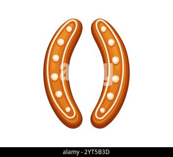 Simbolo delle parentesi del pane zenzero cartoni animati, carattere natalizio divertente, tipo di Natale e Capodanno, alfabeto di pasticceria natalizia. Caratteri di punteggiatura vettoriale per gli inviti e i saluti delle feste invernali Illustrazione Vettoriale