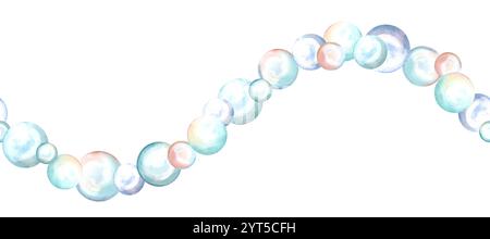 Bolle di sapone bordo ondulato senza cuciture. Illustrazione ad acquerello disegnata a mano isolata. Telaio in schiuma da bagno. Gocce di acqua di mare. Gioielli con perle. Modello Foto Stock