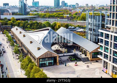 Vista aerea di Coal Drops Yard, Kings Cross, Londra, Inghilterra Foto Stock