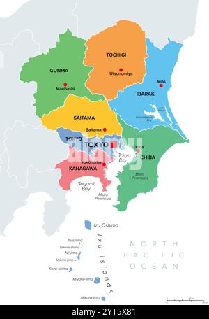 Regione Kanto del Giappone, mappa politica colorata. Regione geografica dell’isola di Honshu, compresa l’area della grande Tokyo. Foto Stock