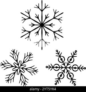 Serie di tre illustrazioni vettoriali di un fiocco di neve con motivi geometrici simmetrici. Perfetto per Natale e inverno, biglietti per le vacanze Illustrazione Vettoriale