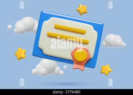 Icona 3d di certificato, diploma o licenza con badge, stelle e nuvole su sfondo blu. Illustrazione vettoriale. Illustrazione Vettoriale