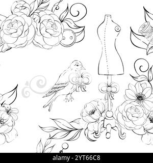 Manichino vintage con fiori e uccello vittoriano. Vecchio stile, stile sartoriale senza cuciture, sfondo. Romantico ed elegante sfondo cucito e. Illustrazione Vettoriale