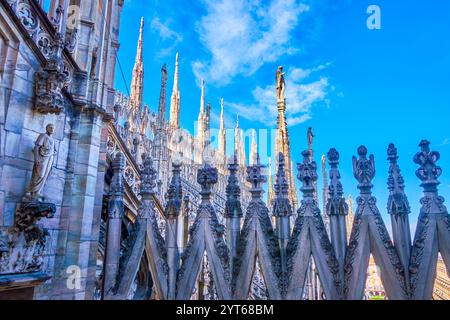 Duomo di Milano, un capolavoro gotico, adornato da intricate sculture, guglie ornate e intagli finemente dettagliati, che mostrano la sua architettura Foto Stock