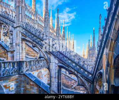 Duomo di Milano, un capolavoro gotico, adornato da intricate sculture, guglie ornate e intagli finemente dettagliati, che mostrano la sua architettura Foto Stock