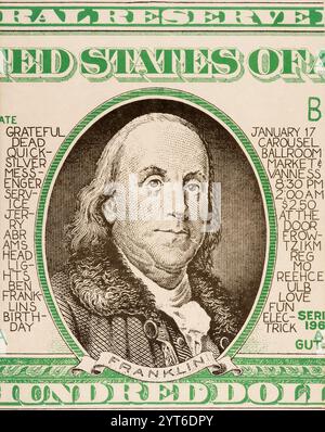 Grateful Dead, Quicksilver Messenger Service, J Carousel Ballroom, San Francisco, poster dei concerti - One Hundred Dollar Bill, Benjamin Franklin, One Hundred Dollar Bill - 1968 Foto Stock