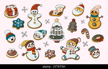 Set di biscotti natalizi. Biscotti carini in diverse versioni, in stile cartoni animati. Illustrazione vettoriale Illustrazione Vettoriale