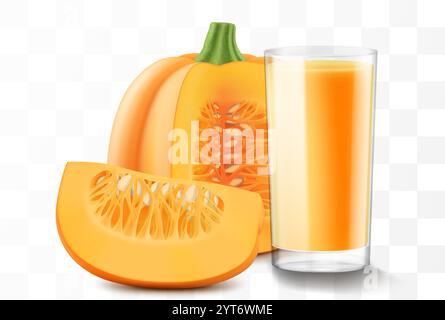 Un bicchiere di succo di zucca fresco o frullato. Tazza di cocktail con verdure di carota, isolate su sfondo trasparente. Illustrati vettoriali 3d realistici Illustrazione Vettoriale