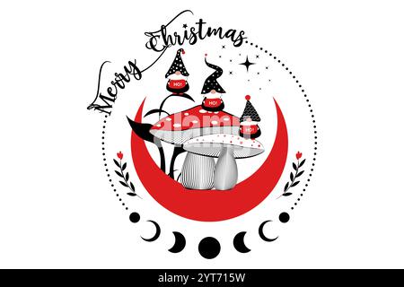 Vacanze di Natale, Gnomi magici nei boschi mistici di funghi sulla luna crescente e stelle. Santa Elf HO HO HO. Fungo esoterico e luna strepitosi Illustrazione Vettoriale