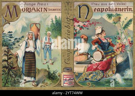 Bilderserie Vornehme Frauen aus aller Welt, Junge Frau aus Morlakin in Dalmatien und Frau aus Neapel, Italien, Liebigbild, digital restaurierte Reproduktion eines Sammelbildes von CA 1900, gemeinfrei, genaues Datum unbekannt, Eine dalmatinische Frau mit Krug und eine neitanische neitanische Trachine en en en en en en en en en en en, 4852687 Foto Stock