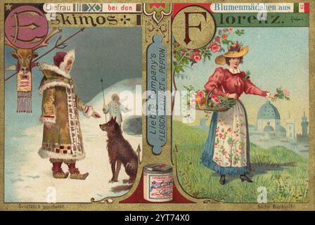 Bilderserie Vornehme Frauen aus aller Welt, Ehefrau bei den Eskimos und Blumenmädchen aus Florenz, Liebigbild, digital restaurierte Reproduktion eines Sammelbildes von CA 1900, gemeinfrei, genaues Datum unbekannt, Frau in Eskimo-Kleidung mit Hund Blumengirl aus Florenz in traditioneller Kleidung 1f-4852683 Foto Stock