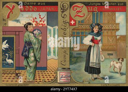 Bilderserie Vornehme Frauen aus aller Welt, Dame aus Yeddo in Japan und junges Mädchen aus Zug in der Schweiz, Liebigbild, digital restaurierte Reproduktion eines Sammelbildes von ca 1900, gemeinfrei, genaues Datum unbekannt, Japanische im Kimono im Garten und schweizerische Dame Hund in einem Innenhof 1f-4852692 Foto Stock