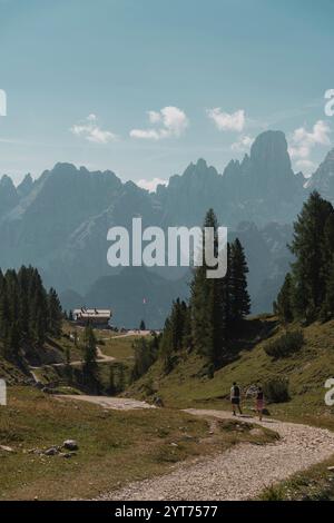 Due escursionisti percorrono la valle su un sentiero che conduce al rifugio Dürrenstein sulla piazza di Prato nelle Dolomiti di Sesto in alto Adige. Le maestose montagne delle Dolomiti con le loro caratteristiche vette si innalzano sullo sfondo. Rifugio Vallandro. Foto Stock