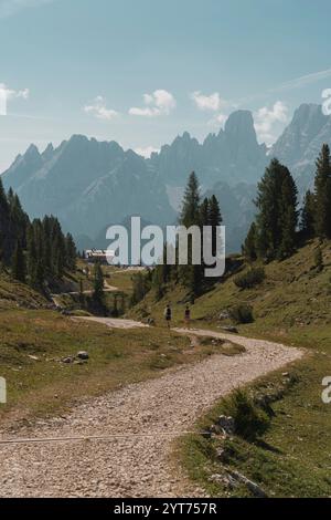 Due escursionisti percorrono la valle su un sentiero che conduce al rifugio Dürrenstein sulla piazza di Prato nelle Dolomiti di Sesto in alto Adige. Le maestose montagne delle Dolomiti con le loro caratteristiche vette si innalzano sullo sfondo. Rifugio Vallandro. Foto Stock