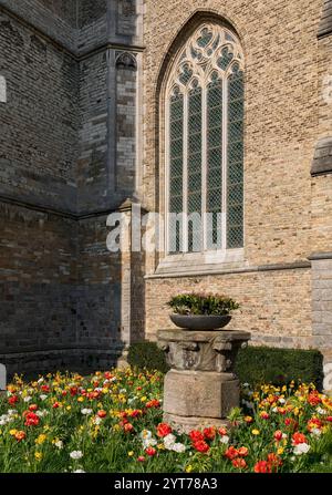 Ypres, la chiesa di San Giacomo è una pseudo-basilica gotica ed è un edificio storico. Fu completamente distrutto durante la prima guerra mondiale e ricostruito a partire dal 1923 secondo i piani dell'architetto Jules Coomans. Dettagli della vista esterna, finestra a tracolla, letto a tulipani Foto Stock