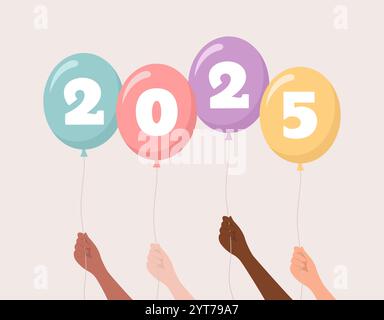 Mani di persone di diverse nazionalità e tonalità della pelle che reggono palloncini colorati con il numero 2025 Illustrazione Vettoriale