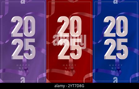 Un set di striscioni verticali con i numeri metallici 2025 e un serpentino su uno sfondo di tessuto colorato in diversi colori. Nuovo design moderno Illustrazione Vettoriale