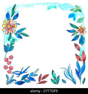 Cornice floreale ad acquerello che crea un bordo vibrante con fiori e foglie colorate Foto Stock