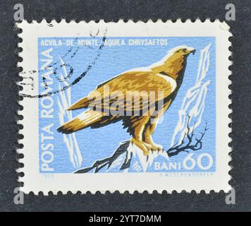 Francobollo stampato dalla Romania, che mostra Aquila d'Oro (Aquila chrysaetos), fauna delle riserve naturali, circa 1968. Foto Stock