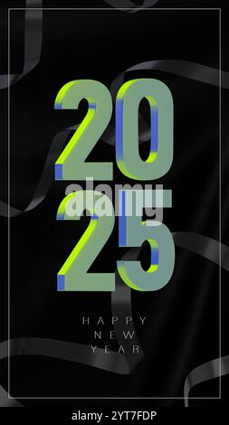 Tessera verticale con i numeri metallici verdi e blu 2025 e un serpentina su sfondo scuro di tessuto nero. Design moderno per Capodanno e Chri Illustrazione Vettoriale