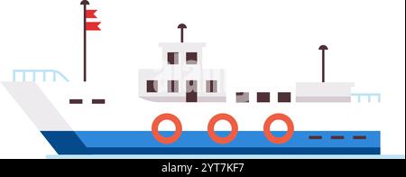 Barca da pesca che naviga attraverso il mare, adornata da vivaci bandiere rosse e salvagente, presenta una sovrastruttura con grandi finestre, il tutto in un minim Illustrazione Vettoriale