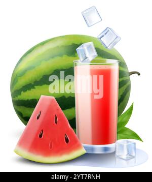 Un bicchiere di succo di anguria o frullato con cubetti di ghiaccio che cadono nel bicchiere. Tazza di cocktail o yogurt con anguria, isolata su trasparente Illustrazione Vettoriale