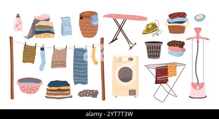 Set vettoriale lavanderia. Elementi isolati per lavori domestici. Illustrazione Vettoriale