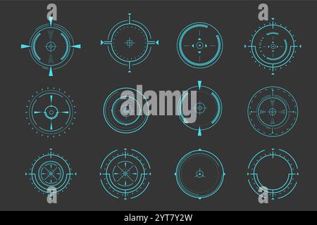 Puntatore di puntamento HUD bersaglio ottico, indicatori futuristici del raggio di messa a fuoco, mirino laser collimatore. Cecchino di misurazione per pistola cecchino. Elemento ui design interfaccia di gioco. Illustrazione vettoriale Illustrazione Vettoriale
